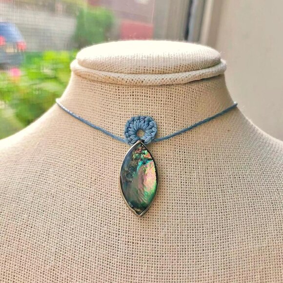 Handmade Jewelry - Rainbow Abalone Shell Spiral Flower Macrame (Dusty Blue) Necklace/Choker